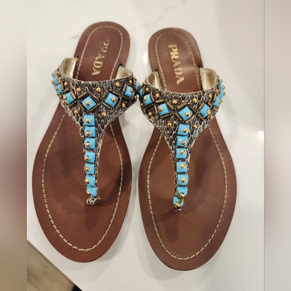 Prada Leather Snakeskin and Turquoise Sandals - Picture 5 of 13